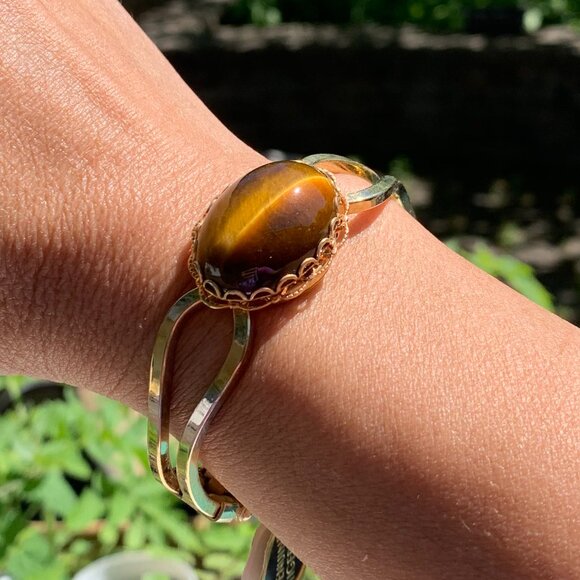 Vtg Genuine Tiger Eye Stone Cuff Bracelet - Picture 1 of 12